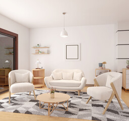 3d render photo frame mockup in living room