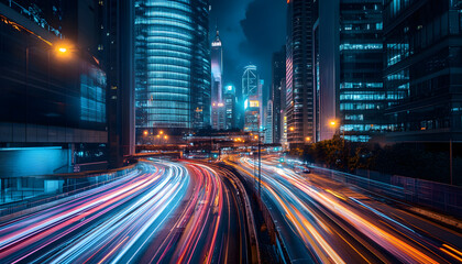 A bustling city at night, with skyscrapers illuminated and traffic creating streaks of light