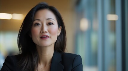 Fototapeta premium Professional Asian woman leading a business discussion, confident expression, modern office setting, collaboration theme