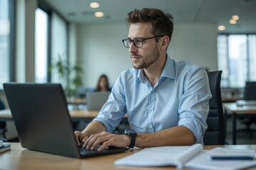 Fototapeta premium Man working on laptop in modern office