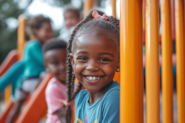 Obraz premium young girl is smiling and looking at the camera. She is wearing a blue shirt and has her hair in a ponytail. The other children are standing behind her, watching her. The scene is playful