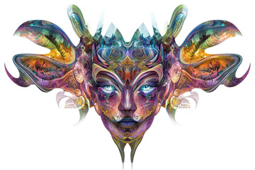 A vibrant, surreal face illustration with intricate patterns and colors, perfect for art and creative expression themes. transparent background