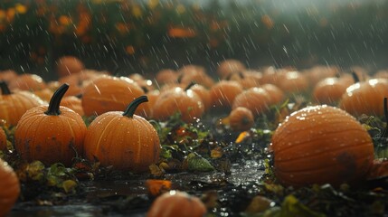 Numerous vibrant orange pumpkins lie on the muddy ground, surrounded by remnants of foliage, as rain droplets fall from the cloudy sky, creating a serene autumn atmosphere in the pumpkin patch.