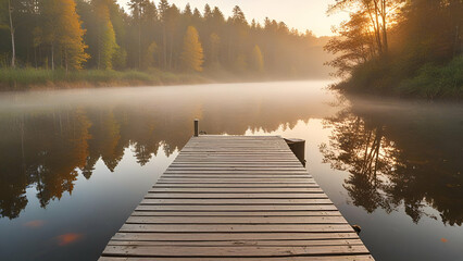 Forest lake at sunrise. Wooden pier Soft sunlight, mist, reflections on water. Idyllic autumn landscape background,