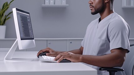 Healthcare worker at a computer station in a spacious doctor office