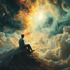 Obraz premium Man Looking at the Sky with Clouds and Stars
