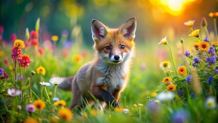 Whimsical young fox frolics in a vibrant meadow bursting with colorful blooms, carefree and full of energy, amidst lush greenery with ample copy space.