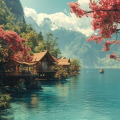 Fototapeta premium Tropical Lakefront Cabin Getaway with Mountain View