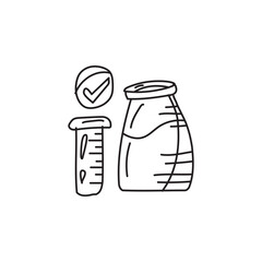 doodle of a test tube, a jar, and a check mark