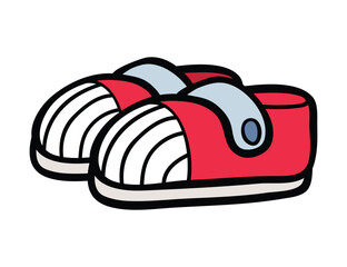 Cute red sneakers for kids. Pair of shoes with cartoon vector perfect for children's fashion