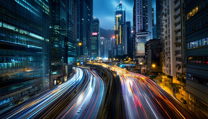 Obraz premium A bustling city at night, with skyscrapers illuminated and traffic creating streaks of light