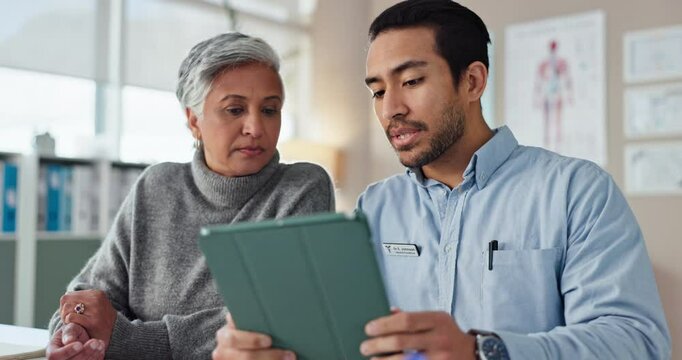 Talking, doctor and man with tablet, patient and explaining of diagnosis to woman, clinic or info. Healthcare, people and consultation with medical professional, wellness or communication for results