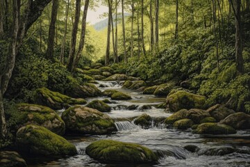 Fototapeta premium Smoky Mountain stream with mossy rocks with generative ai