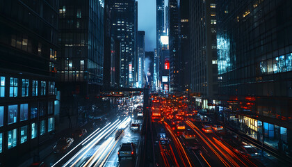Fototapeta premium A bustling city at night, with skyscrapers illuminated and traffic creating streaks of light