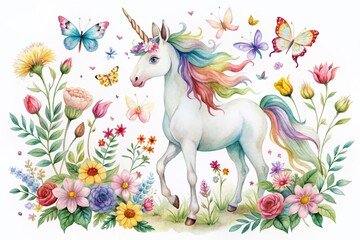 Whimsical watercolor illustration of a delightful unicorn surrounded by vibrant flowers and playful butterflies on a crisp white background, bursting with magical charm.
