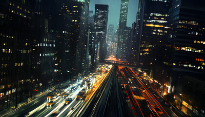Naklejka premium A bustling city at night, with skyscrapers illuminated and traffic creating streaks of light