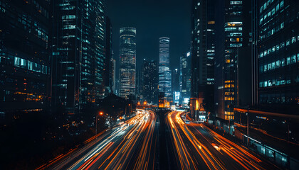 Obraz premium A bustling city at night, with skyscrapers illuminated and traffic creating streaks of light