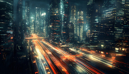 Obraz premium A bustling city at night, with skyscrapers illuminated and traffic creating streaks of light
