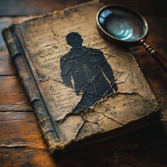 Old Book with Silhouette of a Man and Magnifying Glass