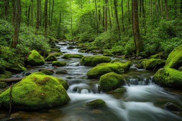 Smoky Mountain stream with mossy rocks with generative ai