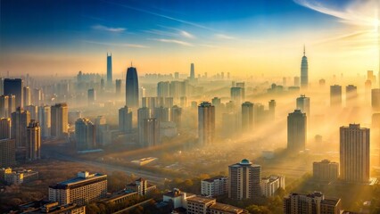 Urban cityscape with heavy smog contrasted by clear skies outside city, [air pollution], [urban environmental degradation].