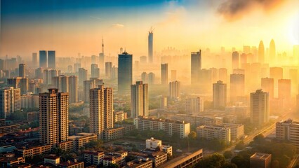 Fototapeta premium Urban cityscape with heavy smog contrasted by clear skies outside city, [air pollution], [urban environmental degradation].