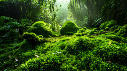 Moss in the rain forest in morning