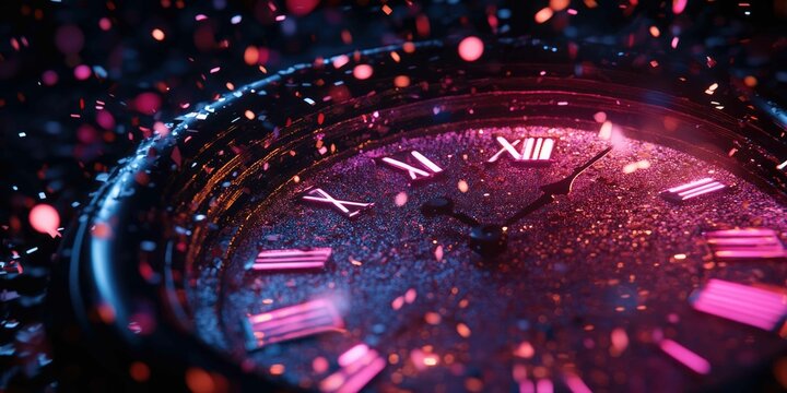 Time Warp Celebration - Abstract Clock Face Melting into Neon Confetti for New Year with Bold and Fluid Shapes