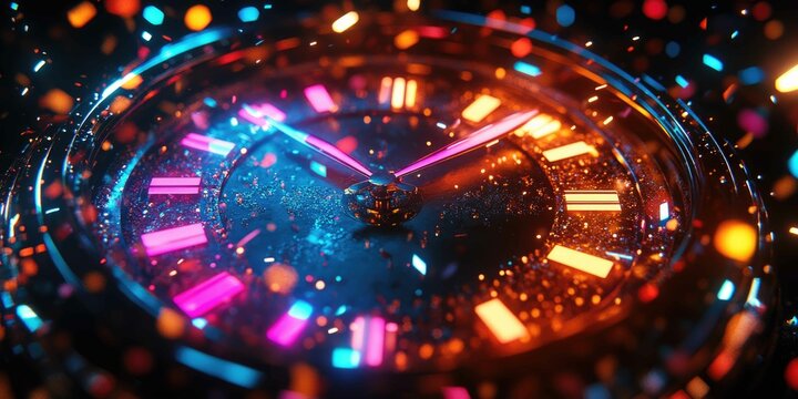 Vibrant New Year Countdown - Abstract Clock Face Melting into Neon Confetti with Bold and Fluid Shapes - Powered by Adobe