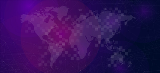 World map background of futuristic connected cyberspace digitalized global network dark blue purple