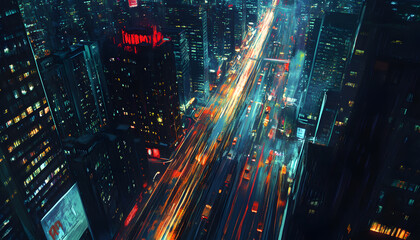 Obraz premium A bustling city at night, with skyscrapers illuminated and traffic creating streaks of light