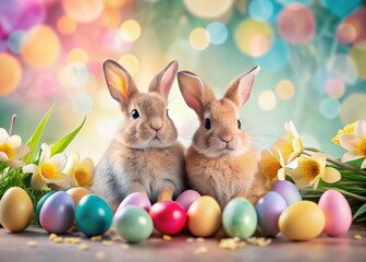 Adorable bunnies surrounded by colorful Easter eggs and spring flowers sit on a soft, pastel-hued background with delicate bokeh, evoking warmth and springtime joy.
