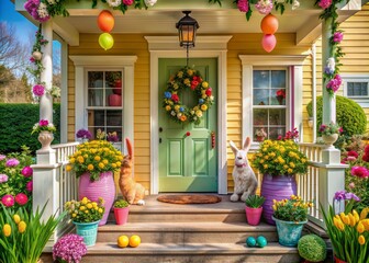 Vibrant Easter decorations adorn the porch of a charming house, featuring a beautiful door embellished with flowers, eggs, and bunnies, perfect for spring greetings.