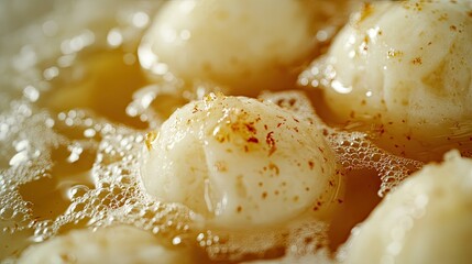 Mouth-watering close-up of a rasgulla soaked in syrup with copy space, ideal for dessert promotions.