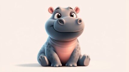 Adorable Playful Hippo Kid in Soft Colors - Charming 2D Illustration on White Background