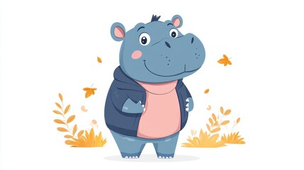 Cheerful Cartoon Hippo Boy Character in Pastel Colors - Flat Design on White Background