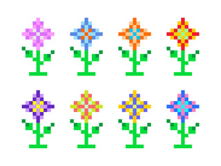 Flower set vector in pixel style. Flower icon for video games.