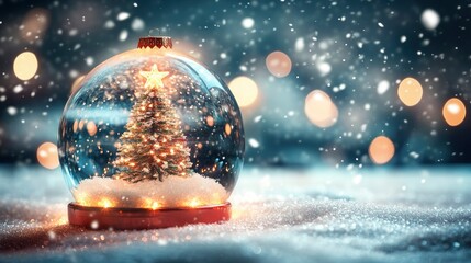 Fototapeta premium Snow Globe With Christmas Tree And Star Made Of Lights And Soft Falling Snow Background - Christmas Concept with generative ai