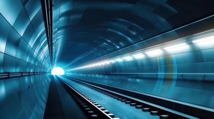 Obraz premium A stunning view of a modern tunnel with luminous blue lighting and railway tracks leading towards a bright exit.