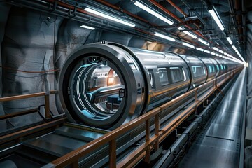 Obraz premium Futuristic transportation capsule in a sleek underground tunnel, showcasing advanced technology and innovative design.