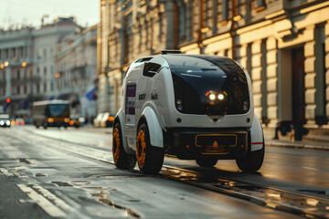 Naklejka premium Unmanned express delivery vehicles on the streets