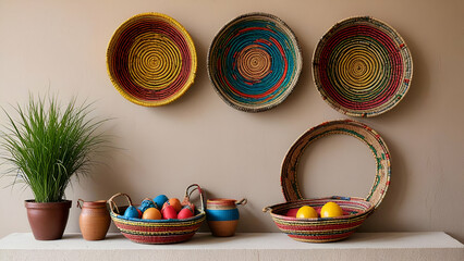 Colorful East African home decor displayed using traditional handwoven Rwandan grass baskets on a wall background,