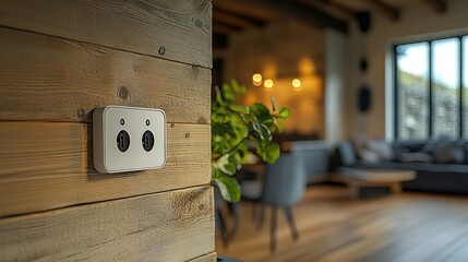 A wall outlet on a wooden surface in a cozy living room setting.