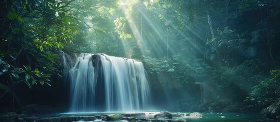 Natural Waterfall In Tropical Forest In Rainy Season Of Wet Wild Tree Forest Photo With Soft Focus With Light Adding For Beautiful Scene