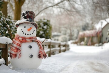 Obraz premium Snowman In Snowy Winter Wonderland with generative ai