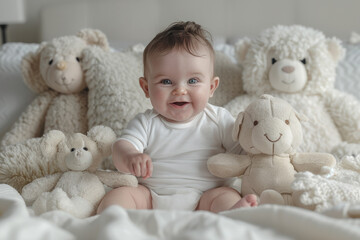 A newborn baby holding a teddy bear sleeps