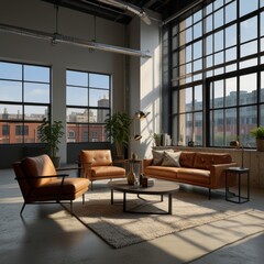 Fototapeta premium Modern industrial living space for office interiors with exposed metal and concrete textures