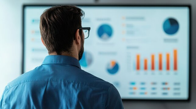 A professional analyzing data insights on a monitor, focusing on charts and graphs to drive business strategy.