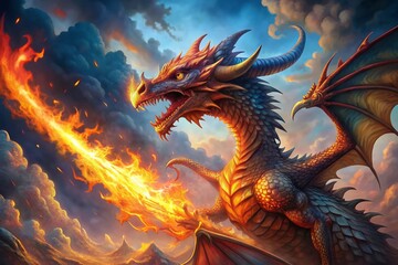 Vibrant painted depiction of a majestic fire-breathing dragon from ancient fairy tales, with scales shimmering in fiery hues, claws outstretched, and smoke billowing overhead.