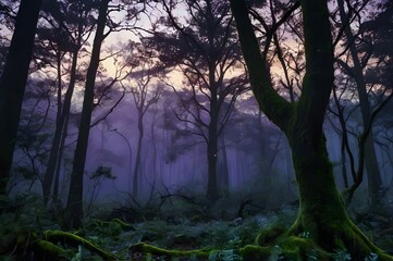 Obraz premium A mystical forest scene filled with soft, glowing orbs and bioluminescent plants. The ancient, moss-covered trees stand tall under a glowing purple-pink sky at sunset, creating an ethereal atmosphere.